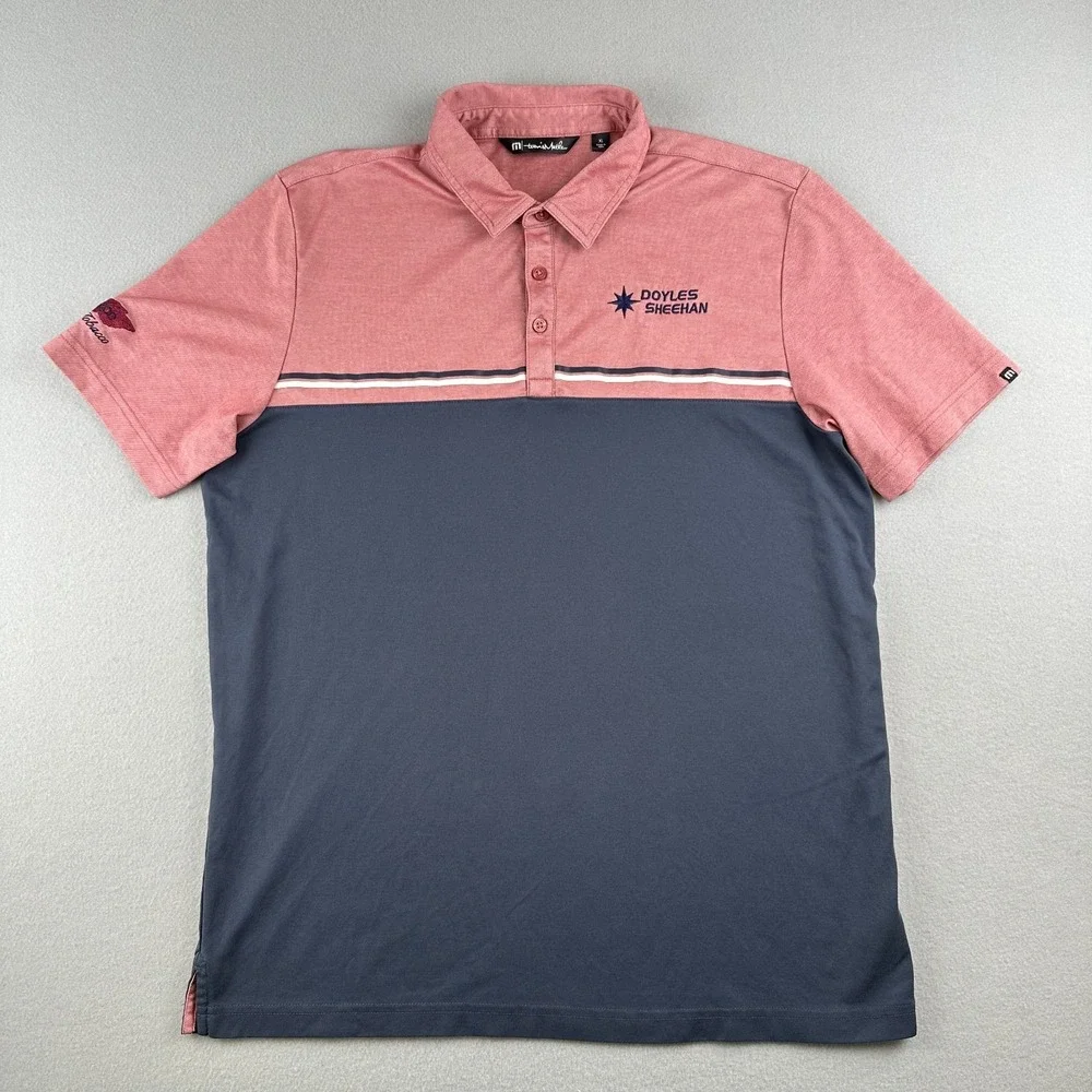 Travis Mathew Golf Polo XL Pink White Blue Stripe Performance Shirt